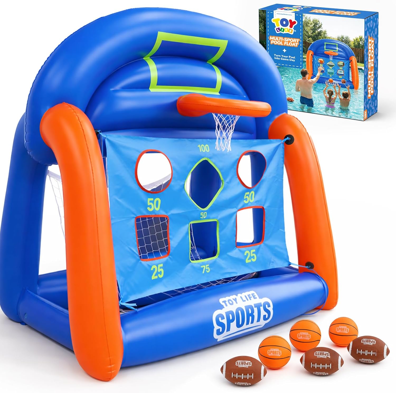 Kids' Toys - เกมส์สระน้ำแบบมัลติสปอร์ตเป่าลมสำหรับเด็ก วัยรุ่น และผู้ใหญ่ - ชุดเล่นน้ำบาสเก็ตบอลและฟุตบอล ของเล่นสระว่ายน้ำแสนสนุกสำหรับครอบครัว