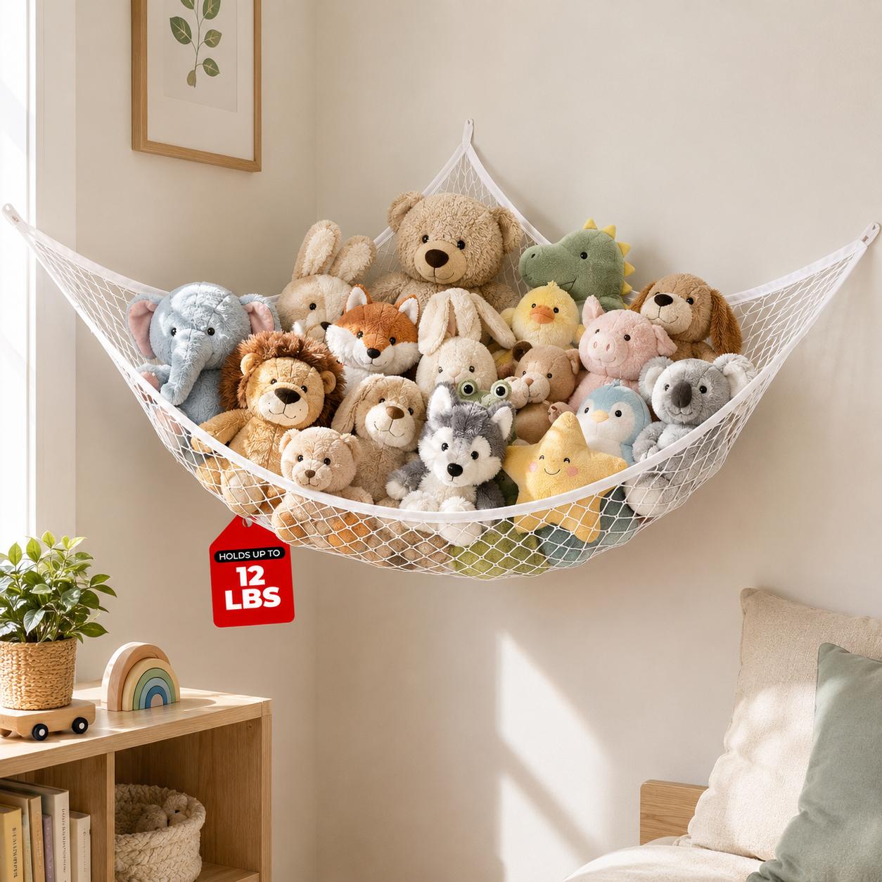 Kids' Toys - ตาข่ายเก็บของเล่นแบบแขวน ที่จัดเก็บตุ๊กตาและของเล่นขนาดใหญ่ ประหยัดพื้นที่ ติดตั้งง่าย ตกแต่งห้องสำหรับห้องนอนเด็ก ห้องเล่น
