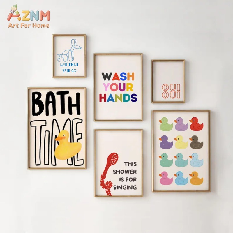 Rubber Duck Bath - AZNM ภาพพิมพ์บนผ้าใบลายเป็ดยางน่ารักสำหรับห้องน้ำ ลวดลายสีสันสดใส คำคมตลกๆ ลูกโป่ง หมา