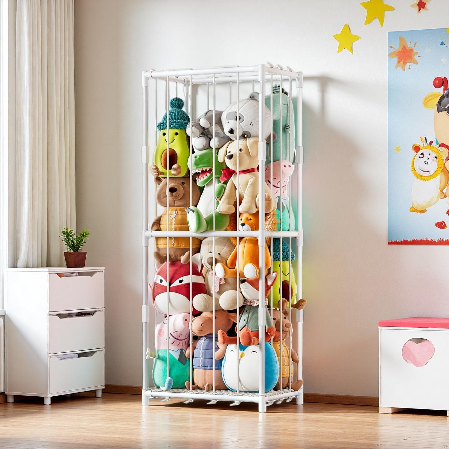 Kids' Toys - ที่เก็บของแนวตั้งสำหรับตุ๊กตาสัตว์ ชั้นวางของเล่นตุ๊กตาธีมสวนสัตว์ โครงเหล็กประหยัดพื้นที่พร้อมตาข่ายยืดหยุ่น ชั้นวางมุมแบบตั้งอิสระสำหรับจัดเก็บของในห้องเด็กเล่น ห้องนอนเด็ก ห้องเด็กอ่อน