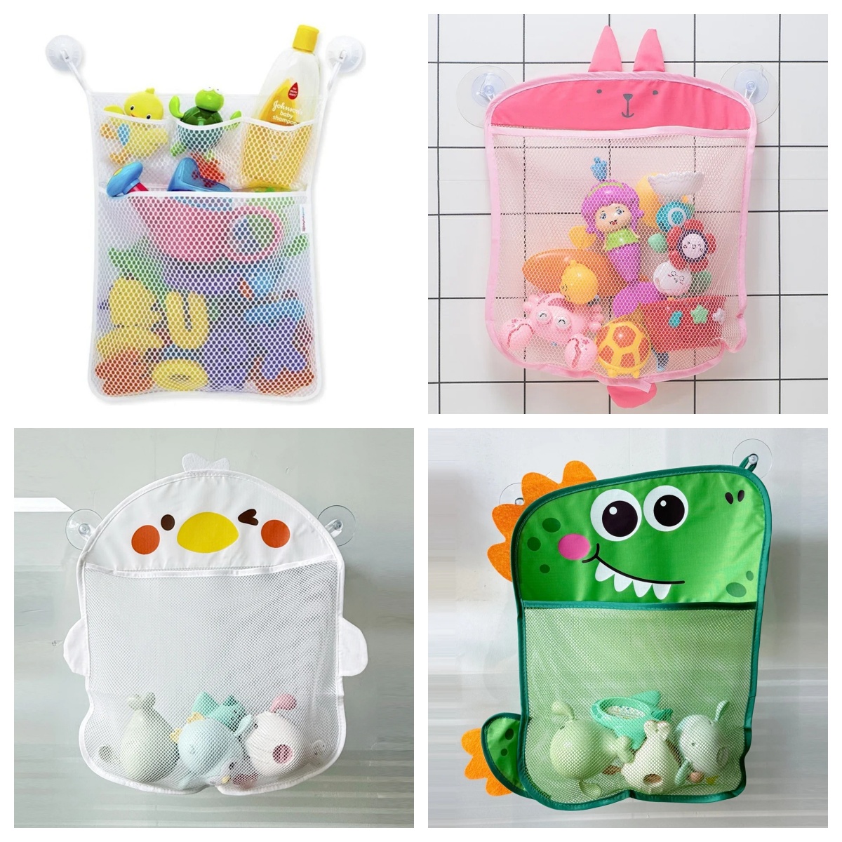 Kids Storage Toys - ถุงตาข่ายใส่ของเล่นในห้องน้ำเด็ก ลายการ์ตูนรูปสัตว์ ถุงตาข่ายเก็บของเล่นทราย พร้อมที่ดูดติดผนัง สำหรับเด็ก ตะกร้าใส่ของเล่นอาบน้ำเด็ก