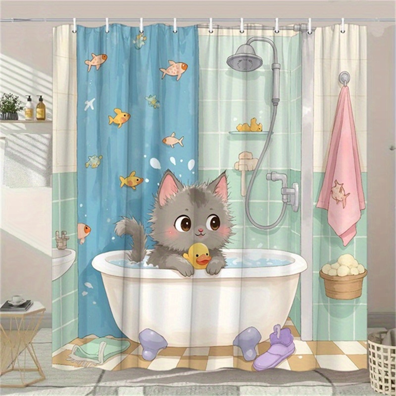 ม่านอาบน้ำลายการ์ตูนแมวสีเทา ล - Rubber Duck Bath บทวิจารณ์และราคา